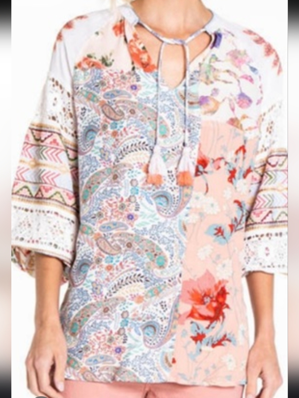 JOHN  MARK Women's Floral Patchwork Peasant Top in Blush Pink